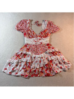 Altar'd State Floral Ruffle Mini Dress Size Small Lace Trim Puff Sleeve Boho
